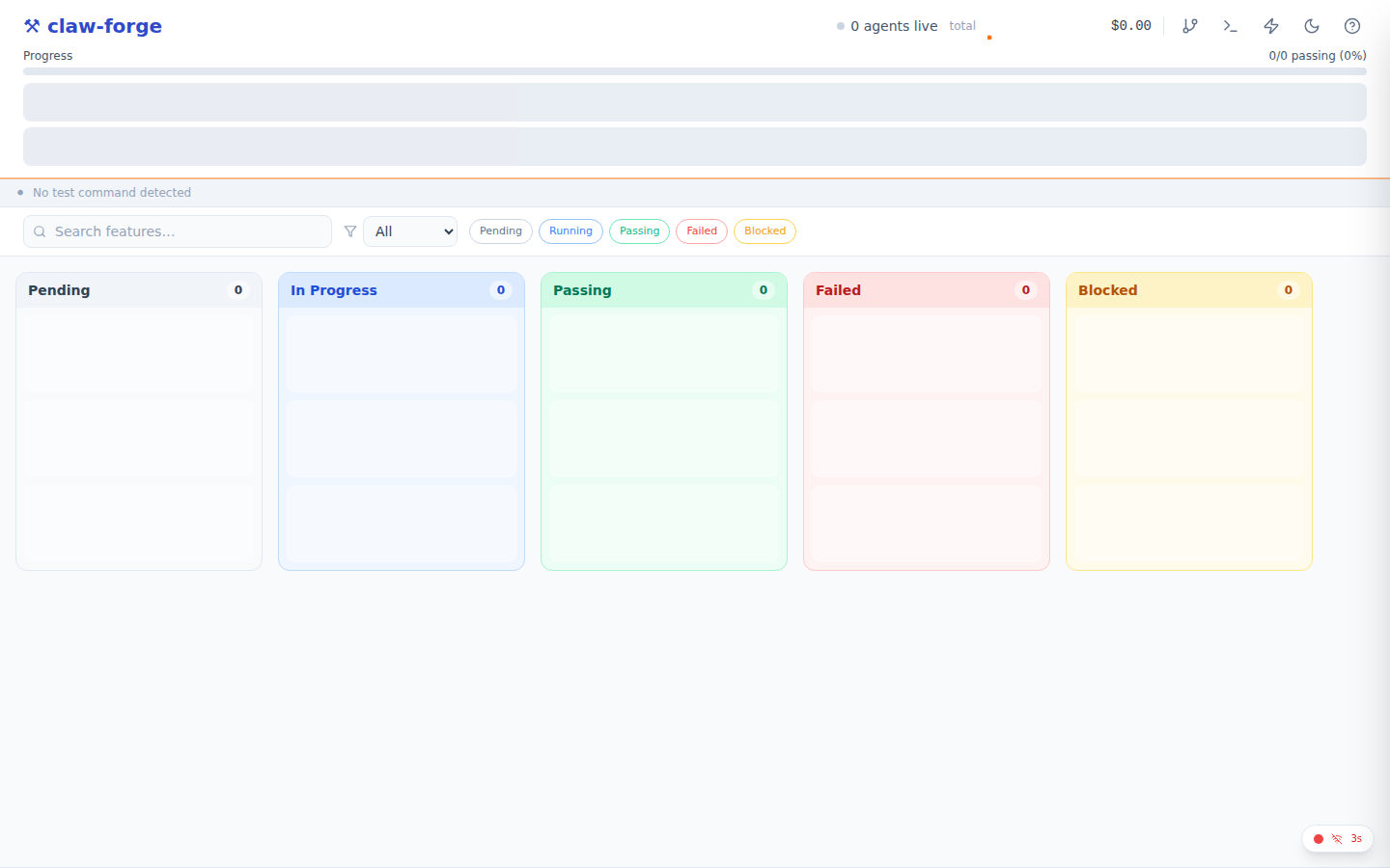 claw-forge Kanban board — full overview